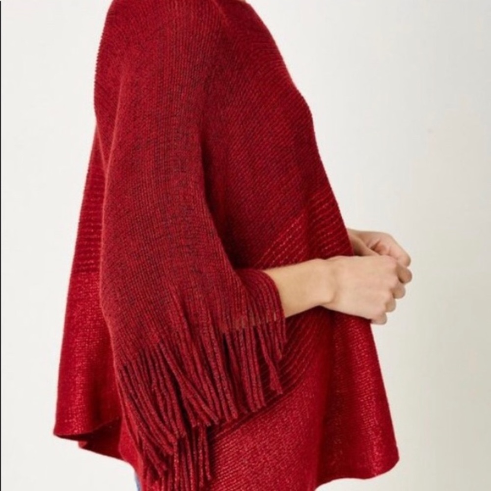 Wine Fringe Metallic Knit Poncho Sweater - Picture 3 of 4
